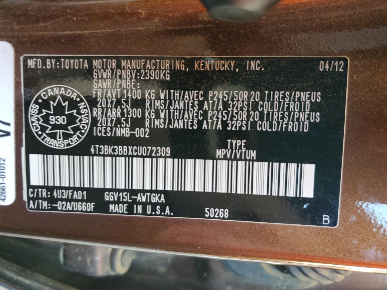 2012 Toyota Venza Le VIN: 4T3BK3BBXCU072309 Lot: 65243085