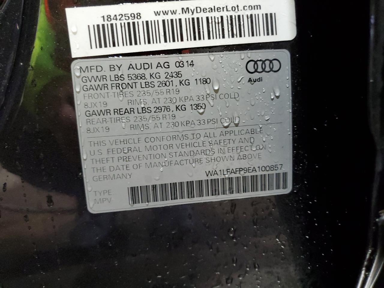 2014 Audi Q5 Premium Plus VIN: WA1LFAFP9EA100857 Lot: 64164505