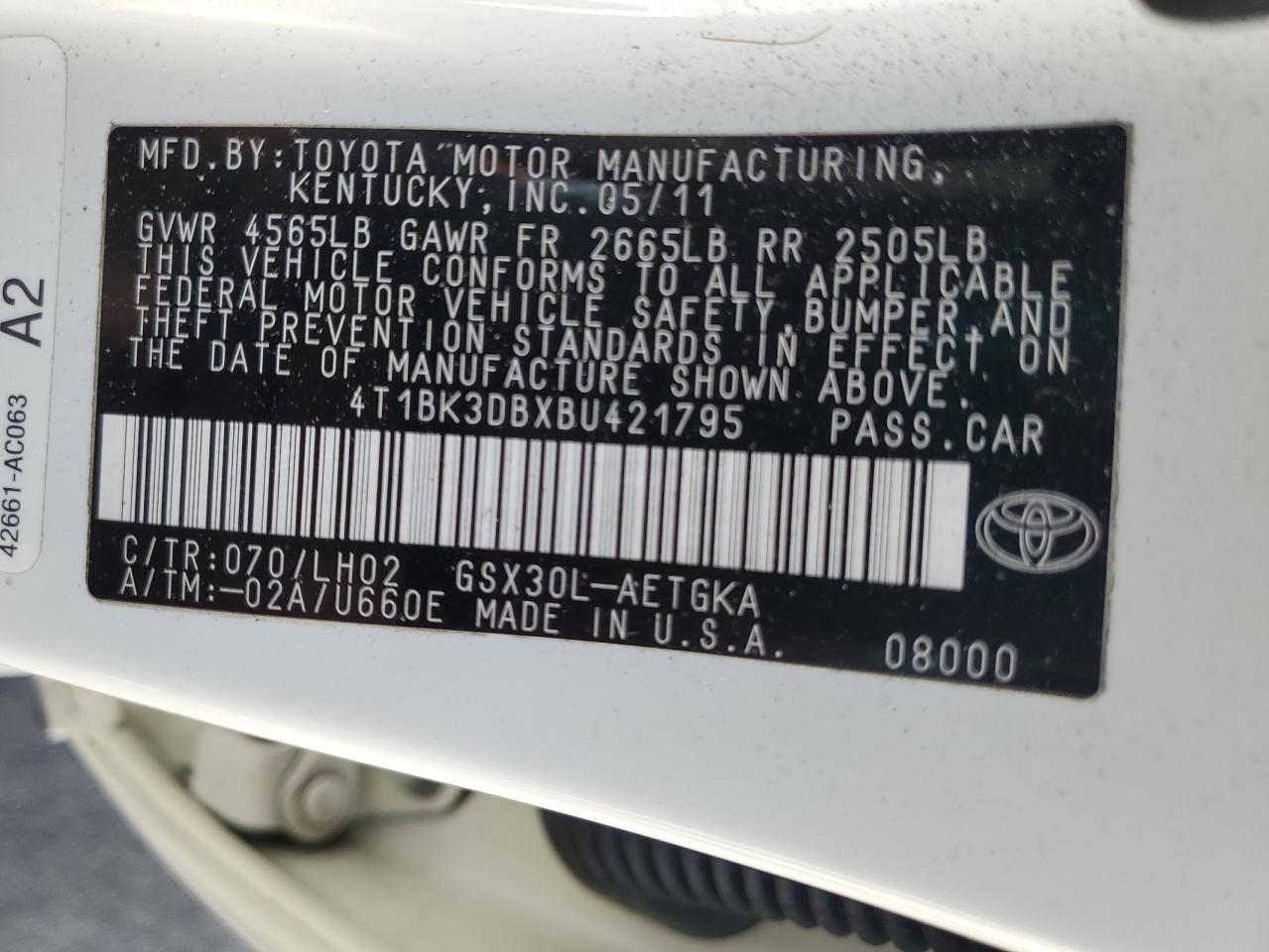 2011 Toyota Avalon Base VIN: 4T1BK3DBXBU421795 Lot: 63797645