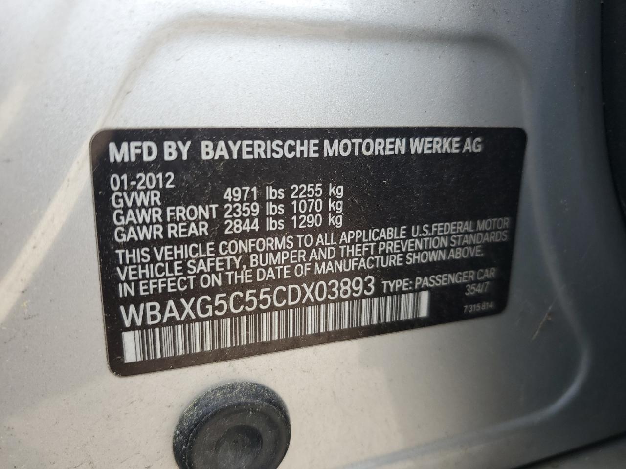 2012 BMW 528 I VIN: WBAXG5C55CDX03893 Lot: 64479465