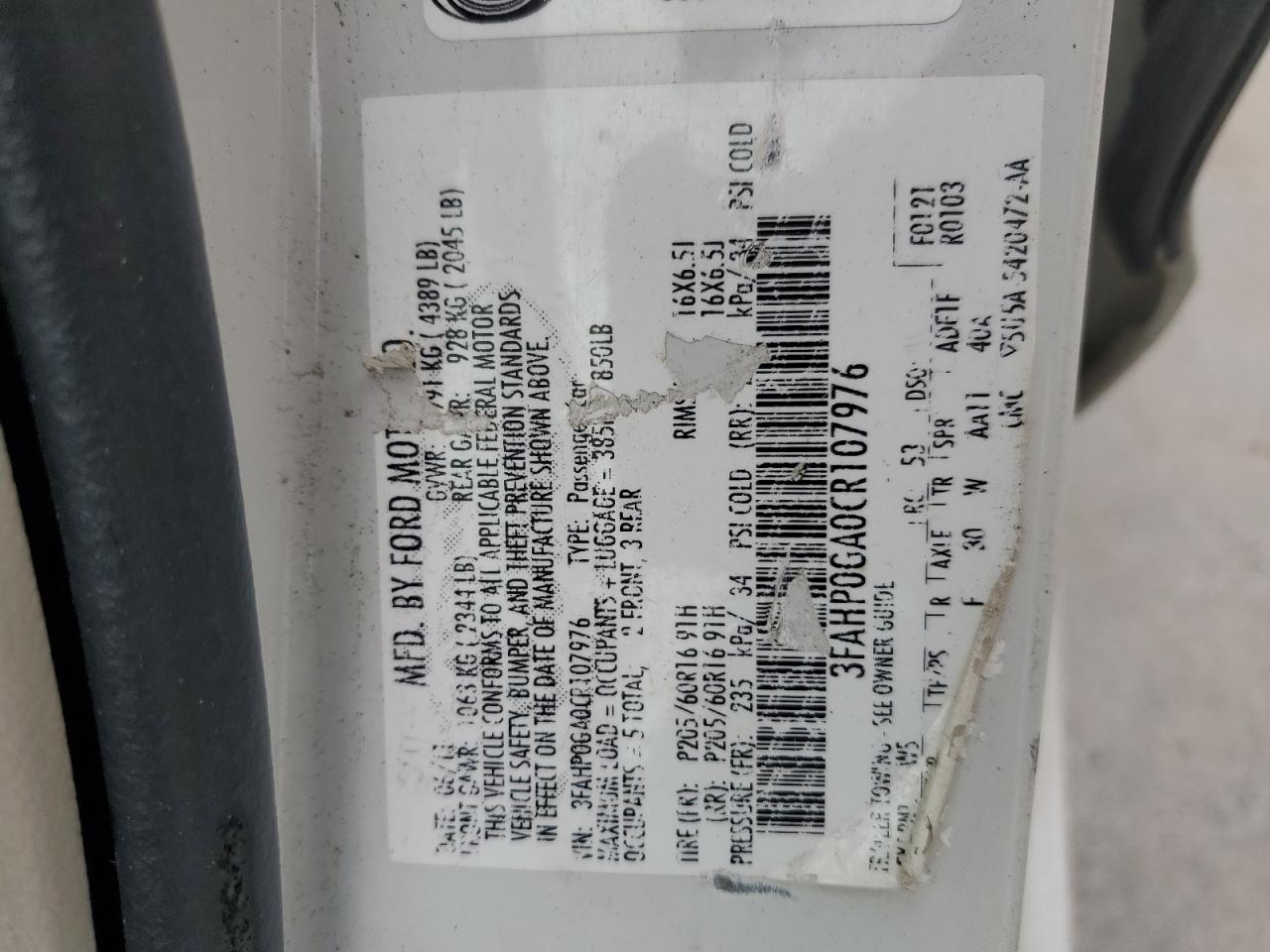 2012 Ford Fusion S VIN: 3FAHP0GA0CR107976 Lot: 64774475