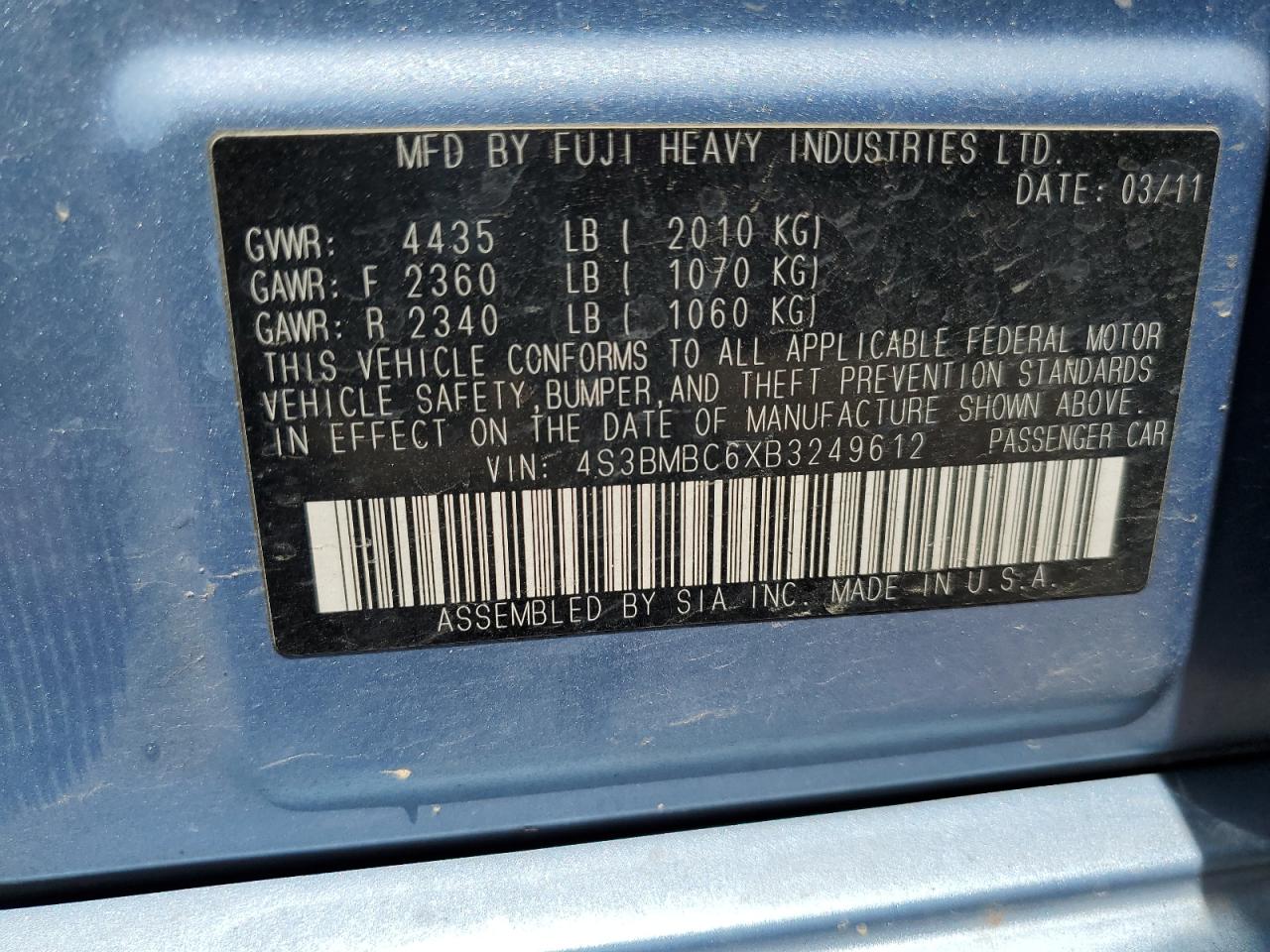 2011 Subaru Legacy 2.5I Premium VIN: 4S3BMBC6XB3249612 Lot: 62955025