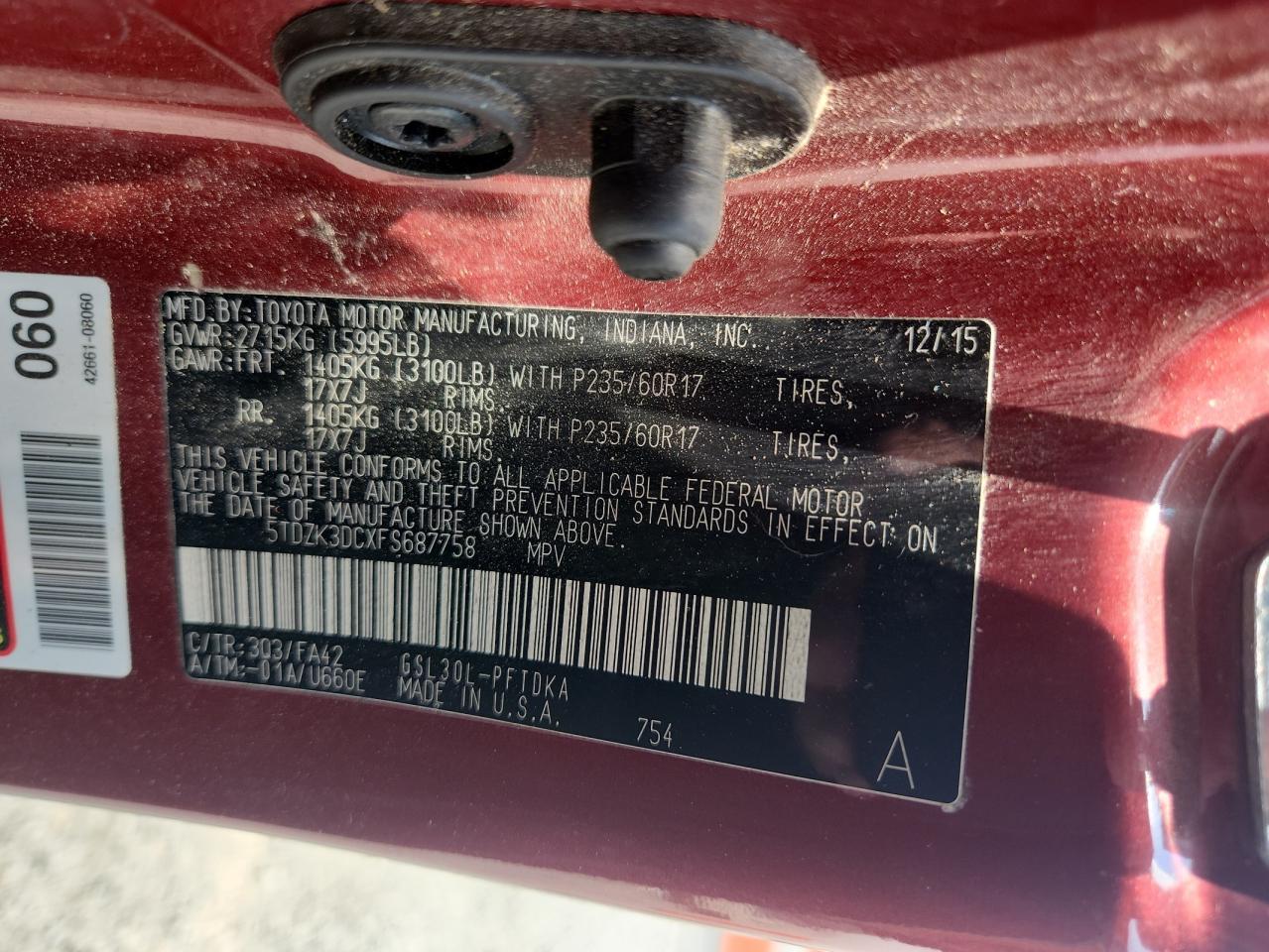 2015 Toyota Sienna VIN: 5TDZK3DCXFS687758 Lot: 63898935