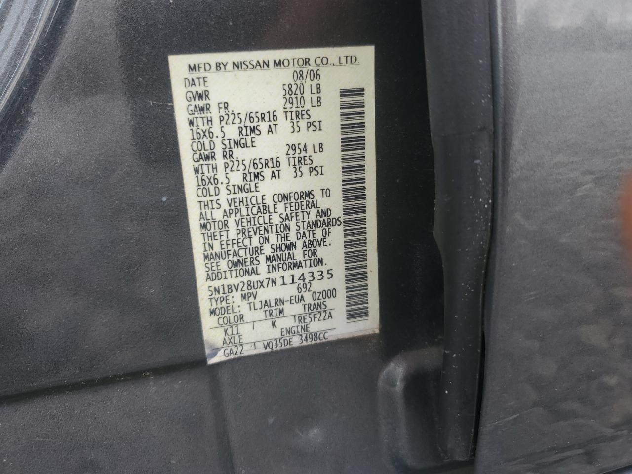 2007 Nissan Quest S VIN: 5N1BV28UX7N114335 Lot: 63048145