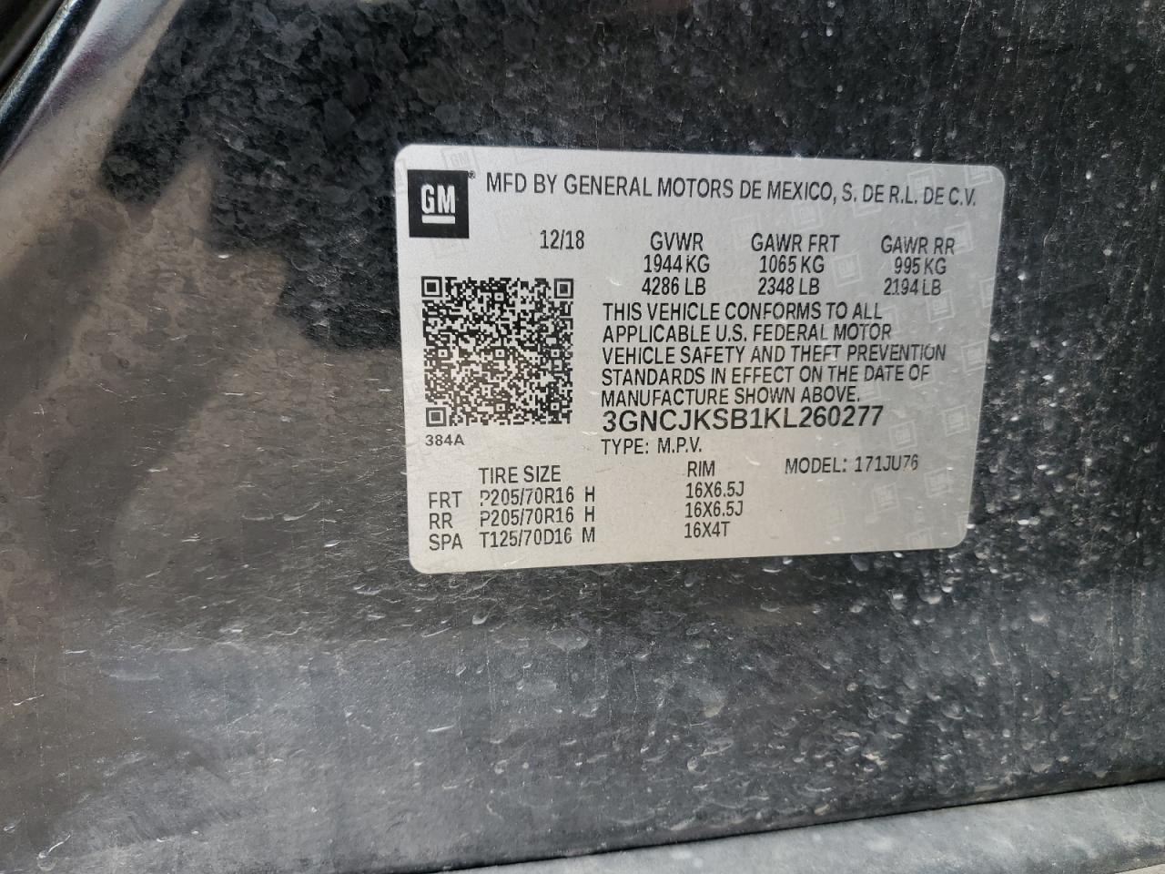 2019 Chevrolet Trax Ls VIN: 3GNCJKSB1KL260277 Lot: 64669845