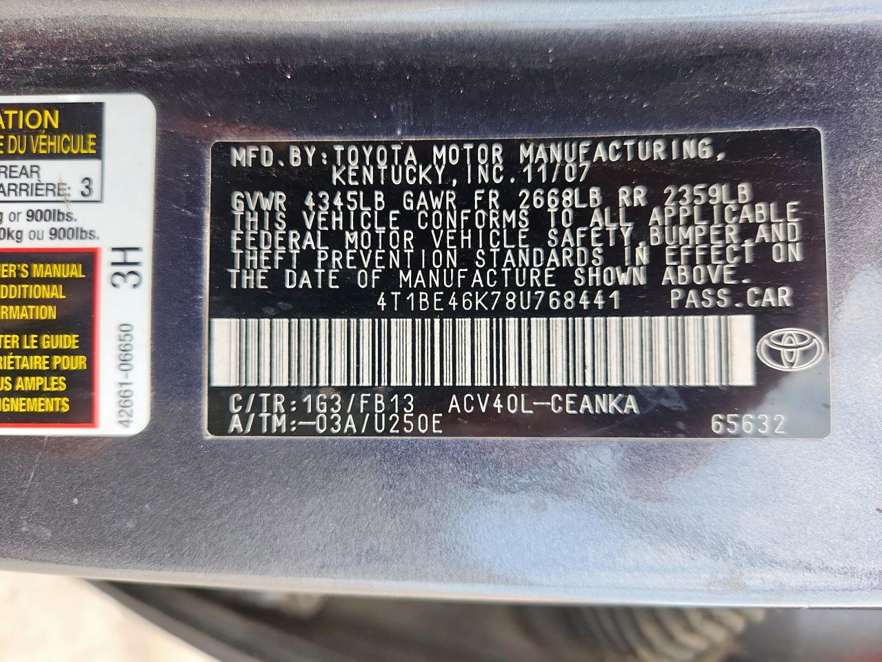 2008 Toyota Camry Ce VIN: 4T1BE46K78U768441 Lot: 65007905