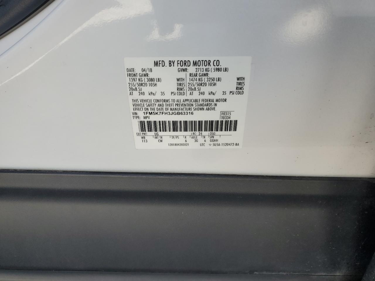 2018 Ford Explorer Limited VIN: 1FM5K7FH3JGB63316 Lot: 64906275