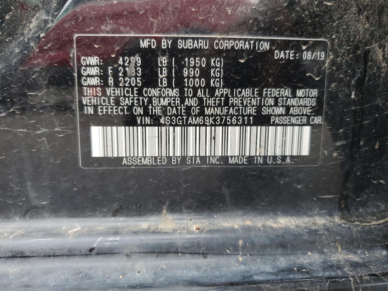 2019 Subaru Impreza Sport VIN: 4S3GTAM69K3756311 Lot: 66000525