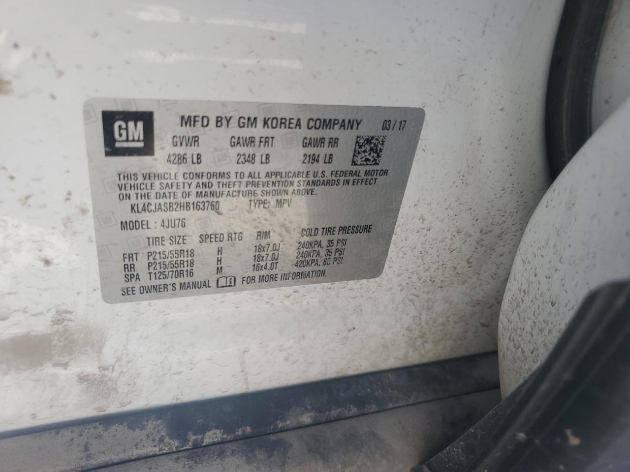 2017 Buick Encore Preferred VIN: KL4CJASB2HB163760 Lot: 62420755