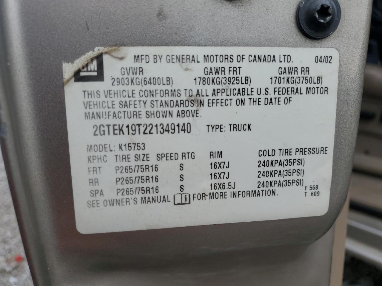 2002 GMC New Sierra K1500 VIN: 2GTEK19T221349140 Lot: 64810515