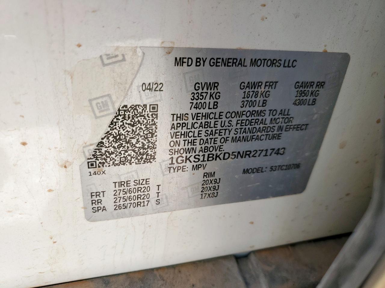 2022 GMC Yukon Slt VIN: 1GKS1BKD5NR271743 Lot: 65220655