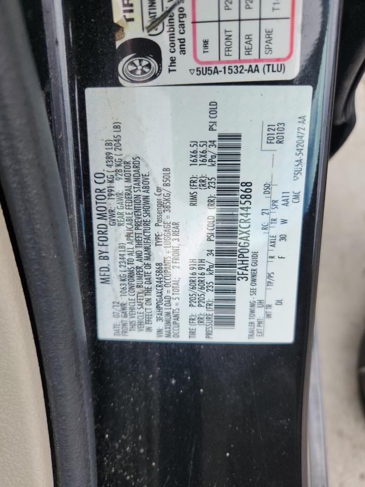 2012 Ford Fusion S VIN: 3FAHP0GAXCR445868 Lot: 64950395