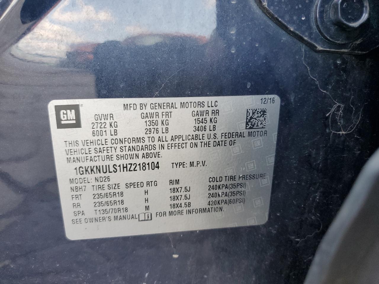 2017 GMC Acadia Slt-1 VIN: 1GKKNULS1HZ218104 Lot: 64377075