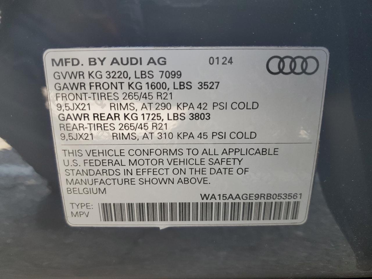 2024 Audi Q8 E-Tron Premium Plus VIN: WA15AAGE9RB053561 Lot: 65187085