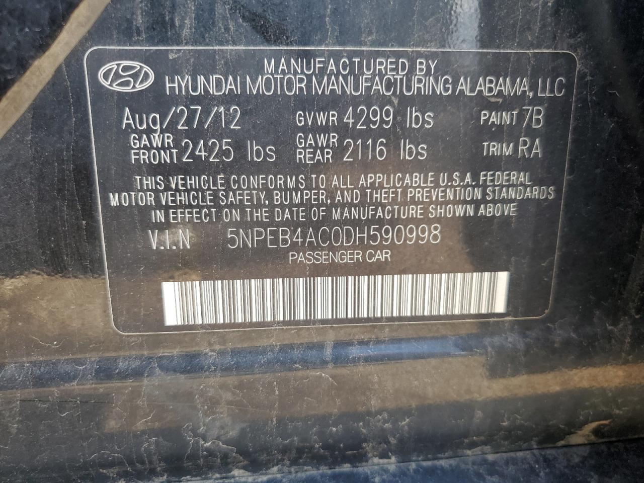 2013 Hyundai Sonata Gls VIN: 5NPEB4AC0DH590998 Lot: 63499205