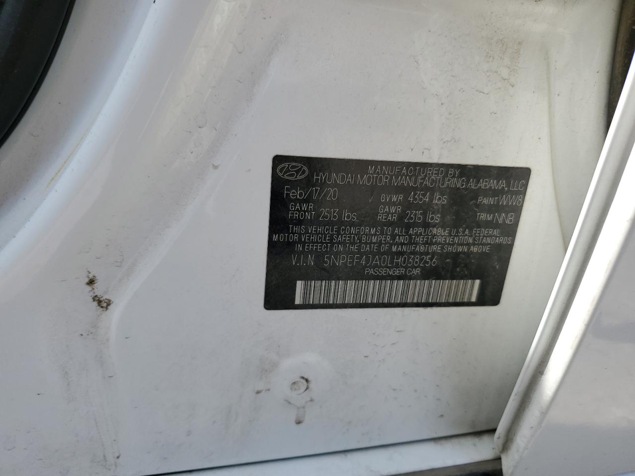 2020 Hyundai Sonata Sel VIN: 5NPEF4JA0LH038256 Lot: 65730505