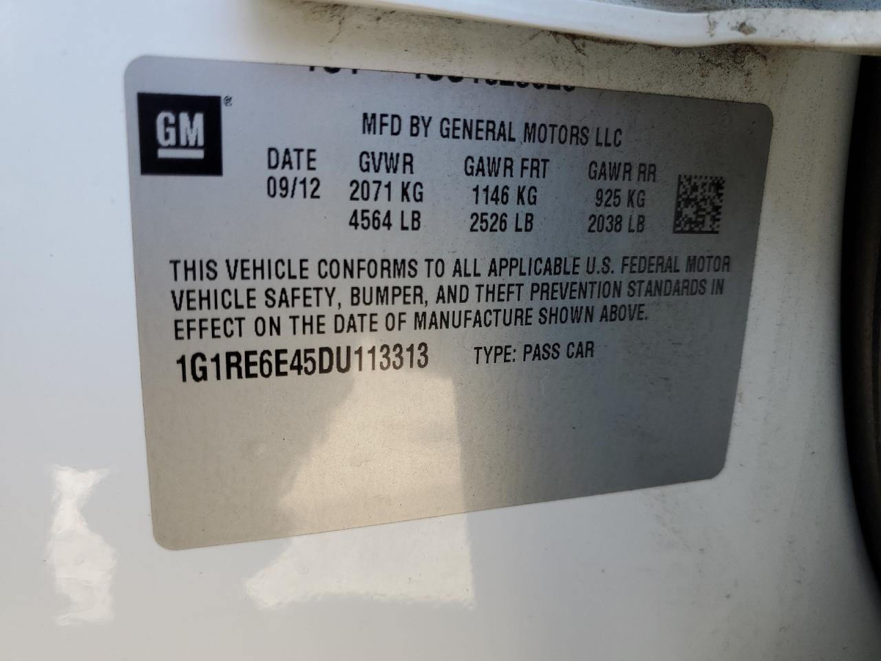 2013 Chevrolet Volt VIN: 1G1RE6E45DU113313 Lot: 63025565