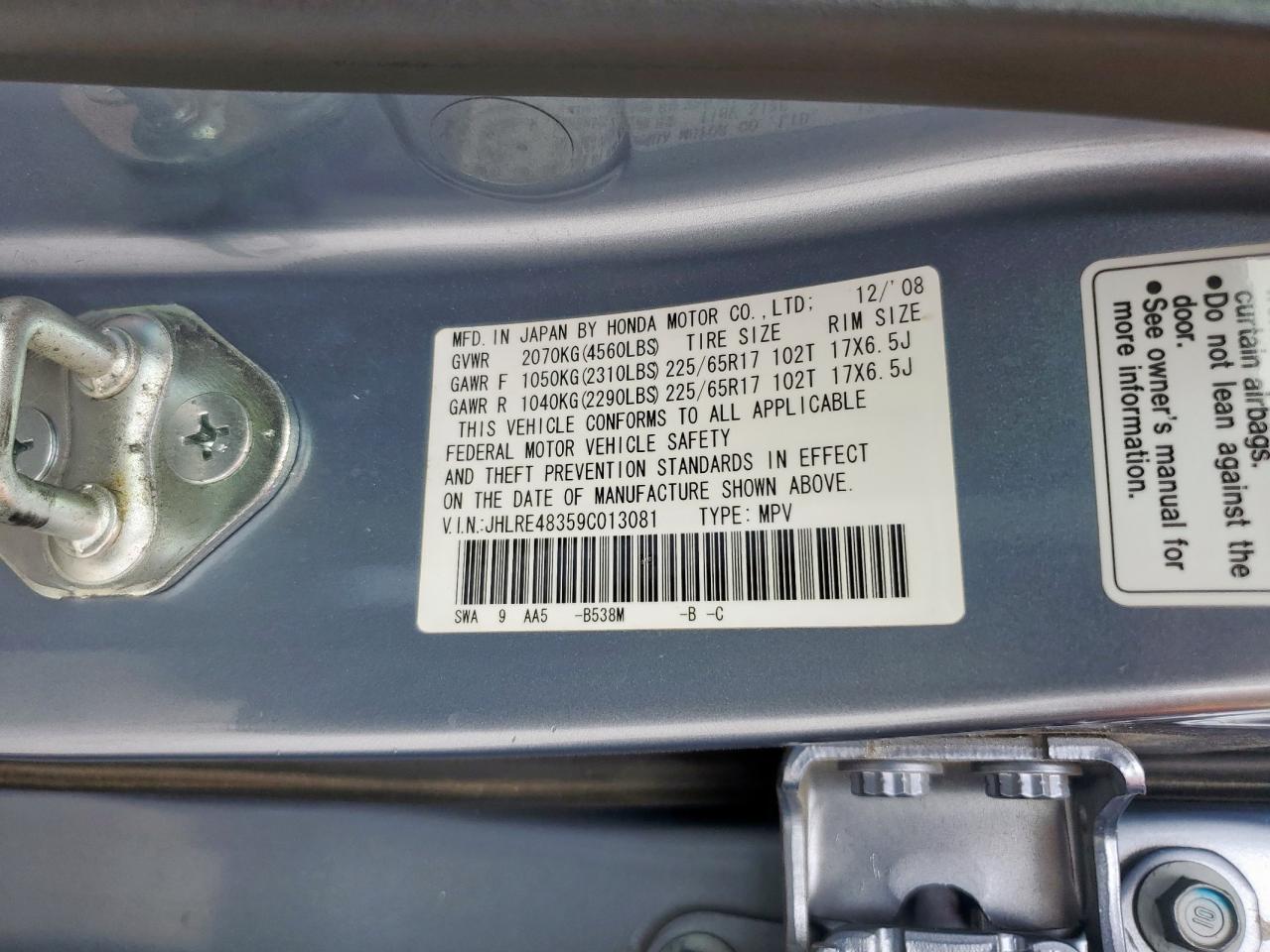 2009 Honda Cr-V Lx VIN: JHLRE48359C013081 Lot: 62614065