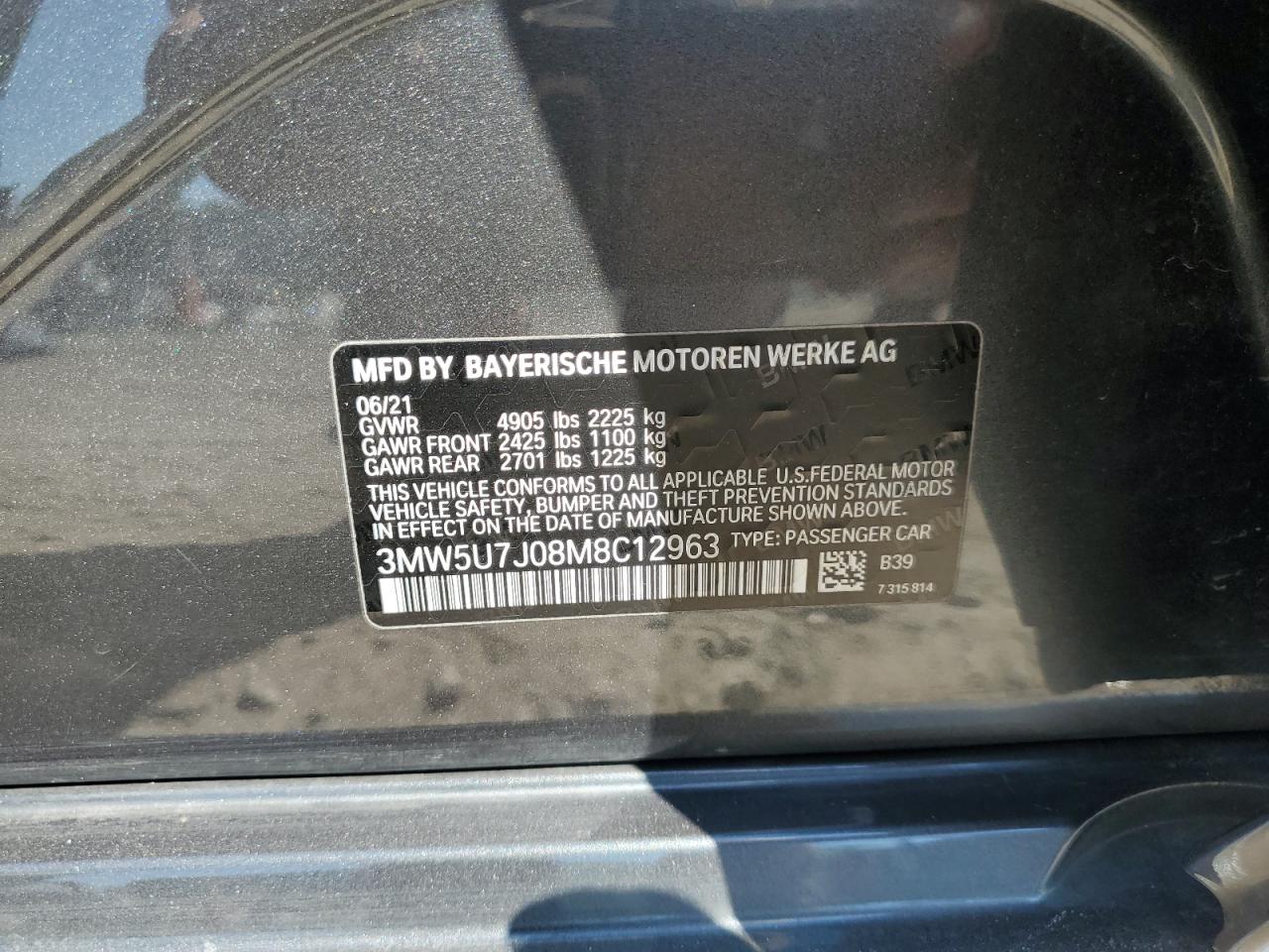 2021 BMW M340I VIN: 3MW5U7J08M8C12963 Lot: 62943915