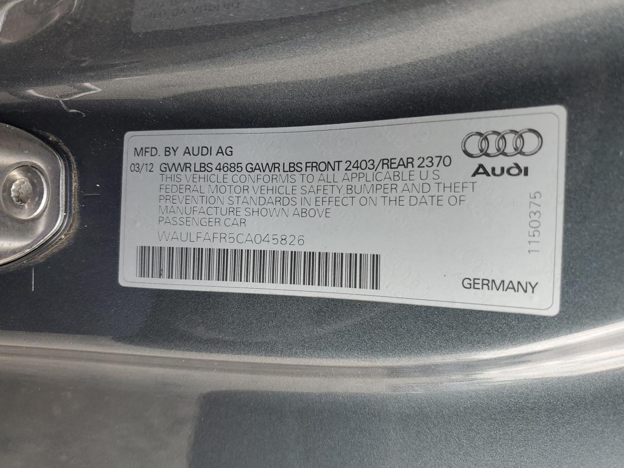 2012 Audi A5 Premium Plus VIN: WAULFAFR5CA045826 Lot: 64121555
