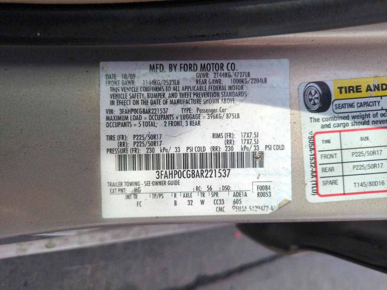 2010 Ford Fusion Sel VIN: 3FAHP0CG8AR221537 Lot: 63266705