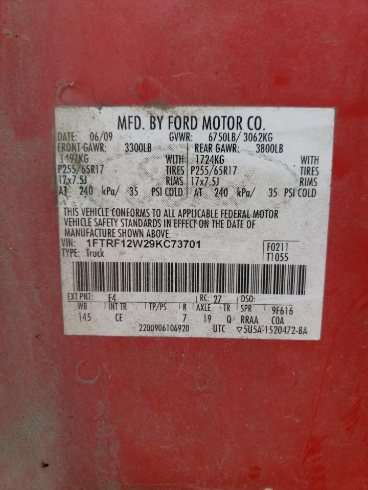 2009 Ford F150 VIN: 1FTRF12W29KC73701 Lot: 82141045
