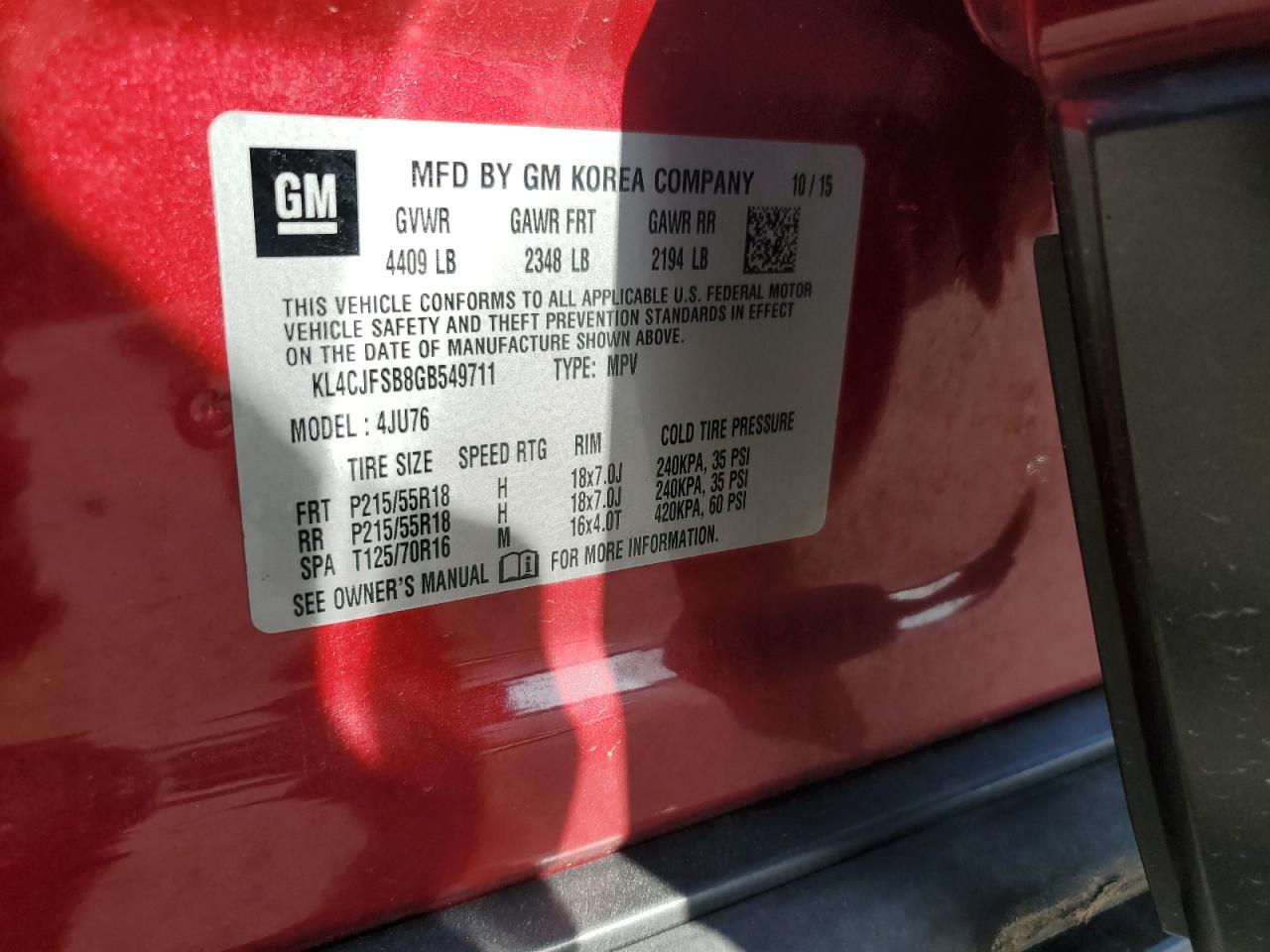 2016 Buick Encore Convenience VIN: KL4CJFSB8GB549711 Lot: 64946295