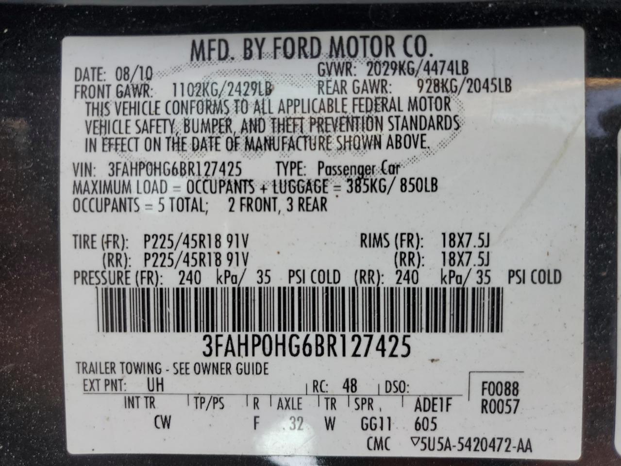 2011 Ford Fusion Se VIN: 3FAHP0HG6BR127425 Lot: 64655855