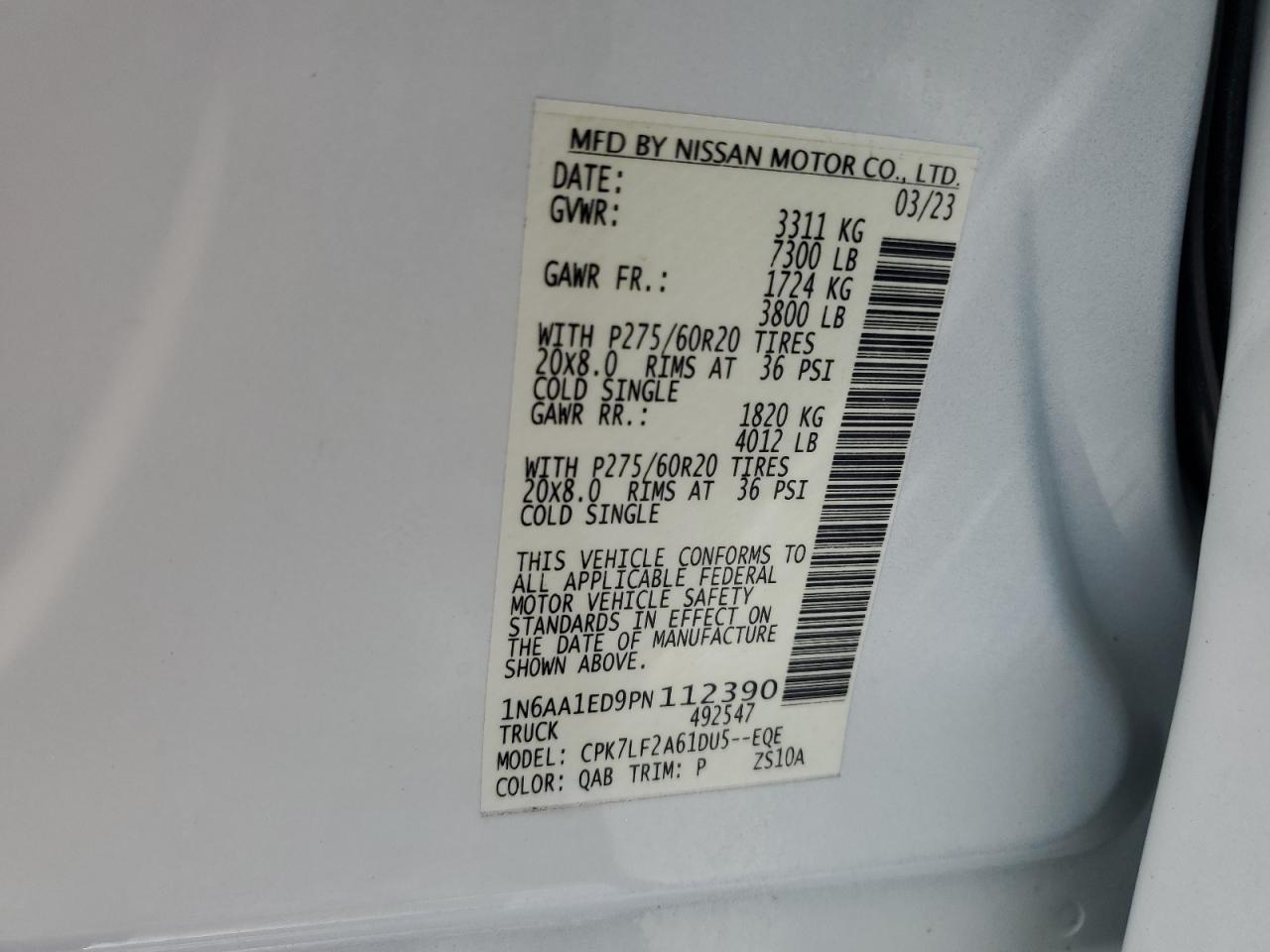 2023 Nissan Titan Sv VIN: 1N6AA1ED9PN112390 Lot: 63326345