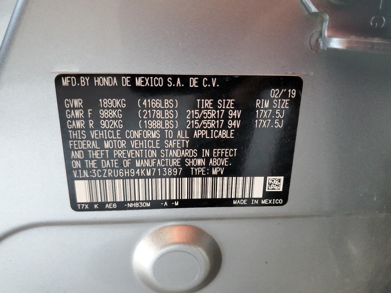 2019 Honda Hr-V Touring VIN: 3CZRU6H94KM713897 Lot: 70648005