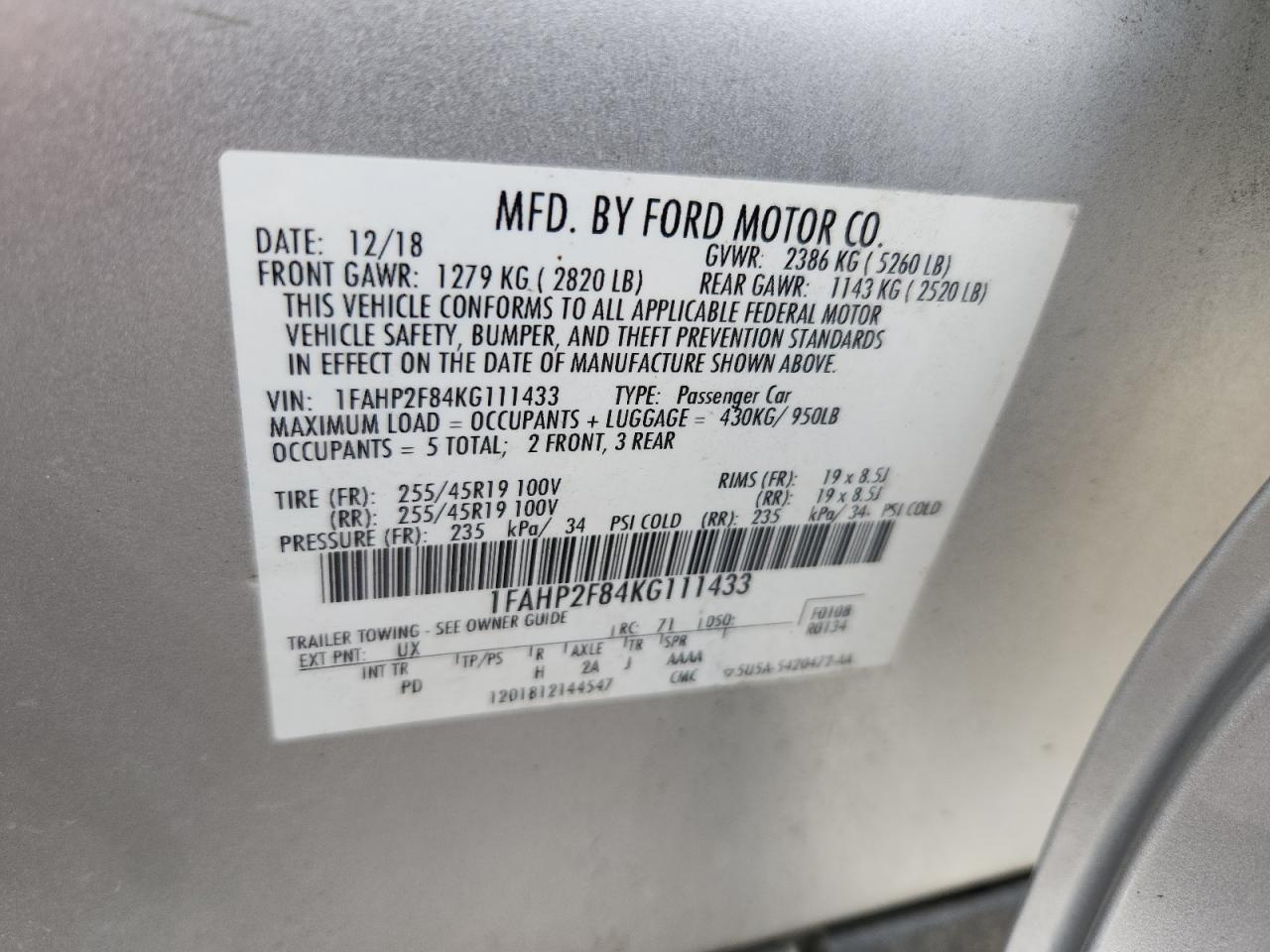 2019 Ford Taurus Limited VIN: 1FAHP2F84KG111433 Lot: 63134045