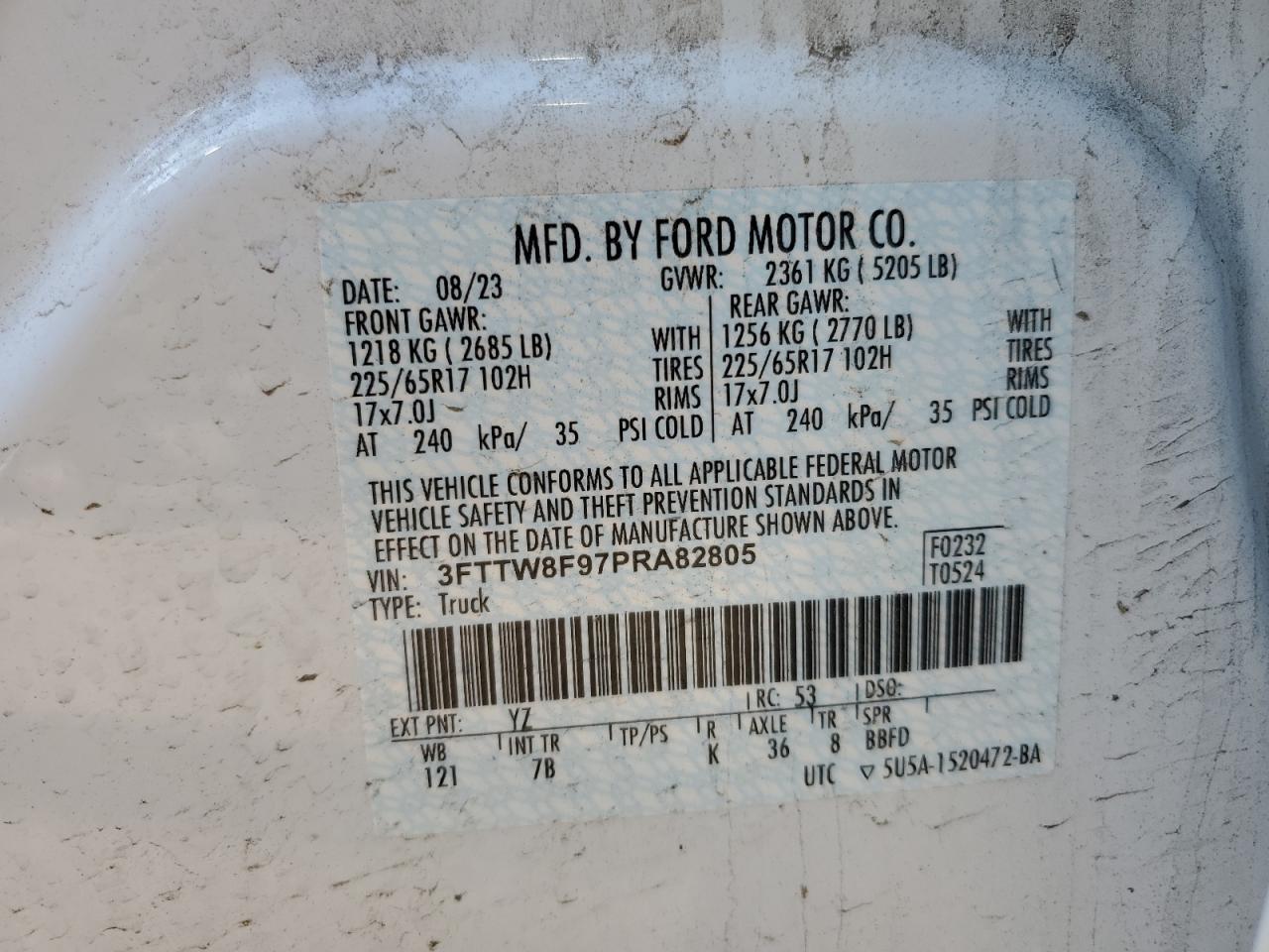 2023 Ford Maverick Xl VIN: 3FTTW8F97PRA82805 Lot: 64447005