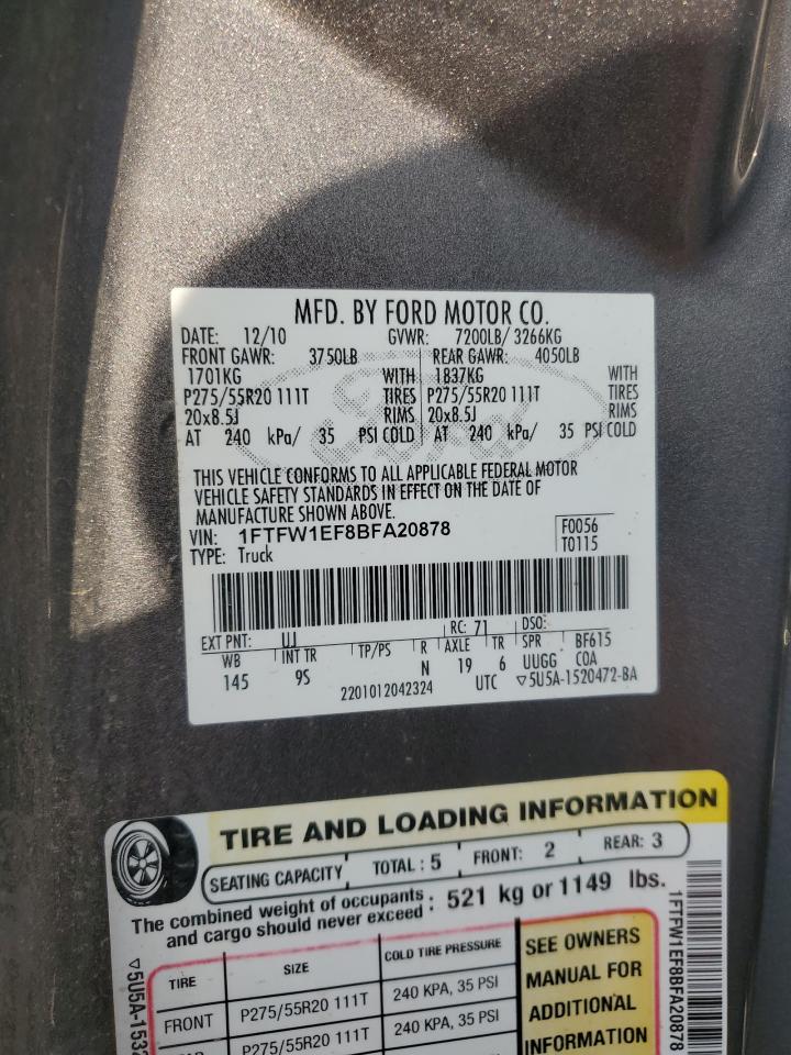 2011 Ford F150 Supercrew VIN: 1FTFW1EF8BFA20878 Lot: 65791355