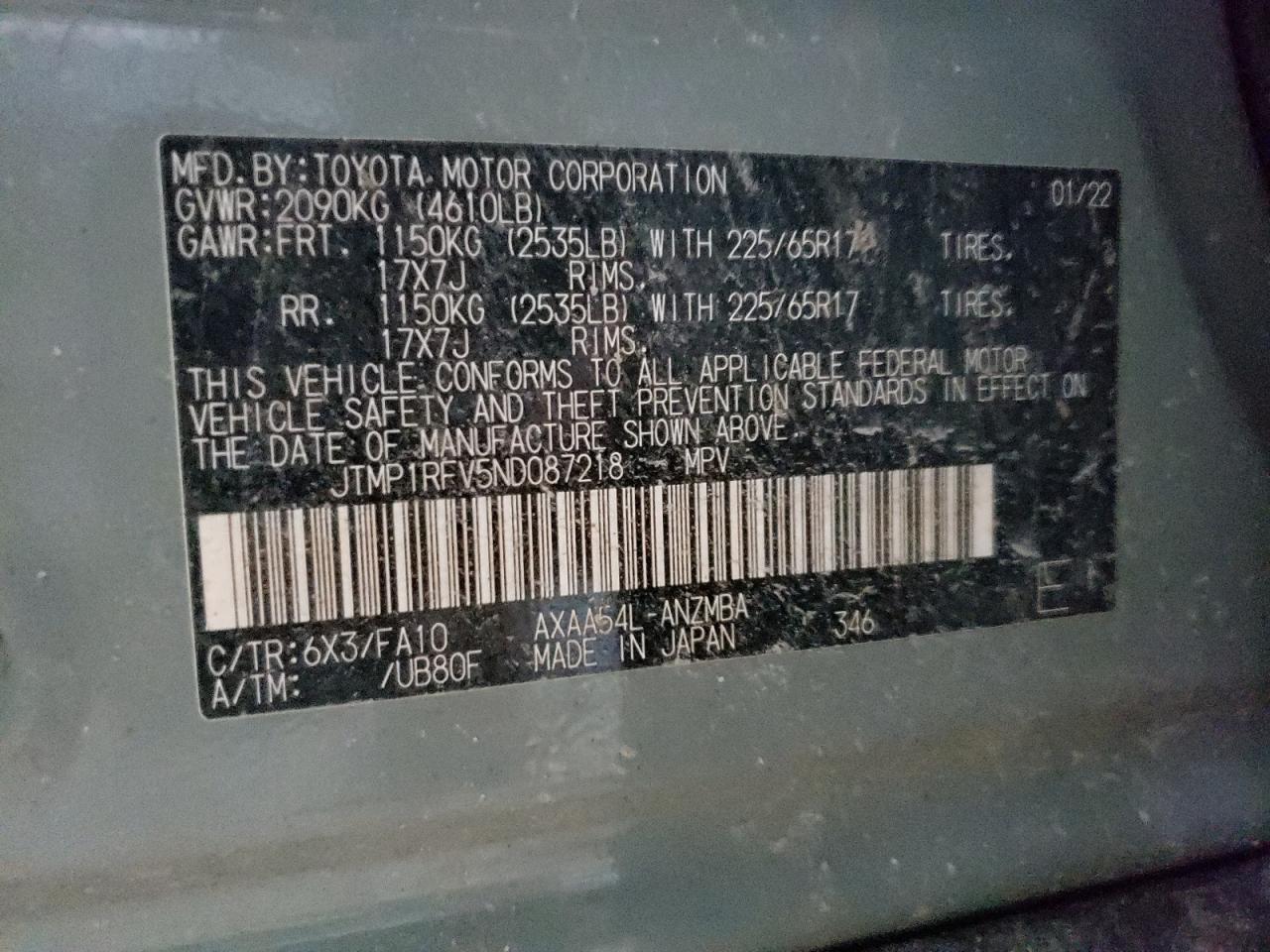 2022 Toyota Rav4 Xle VIN: JTMP1RFV5ND087218 Lot: 65976295