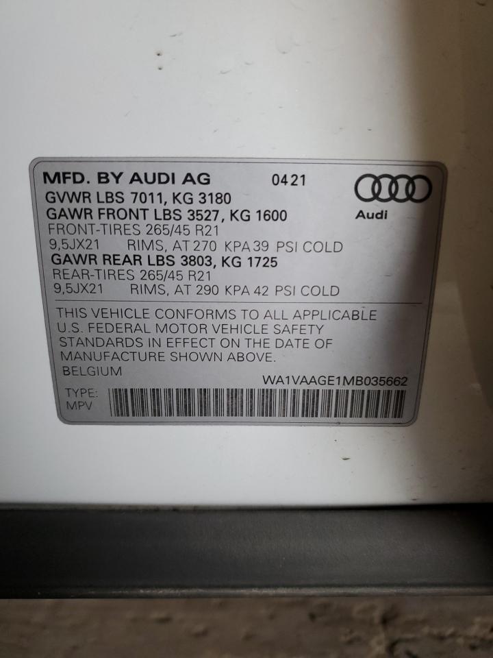 2021 Audi E-Tron Prestige VIN: WA1VAAGE1MB035662 Lot: 64105035