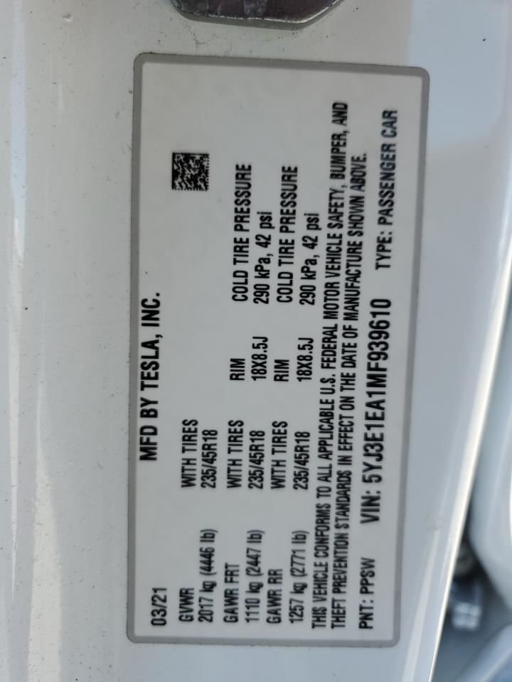 2021 Tesla Model 3 VIN: 5YJ3E1EA1MF939610 Lot: 64411725