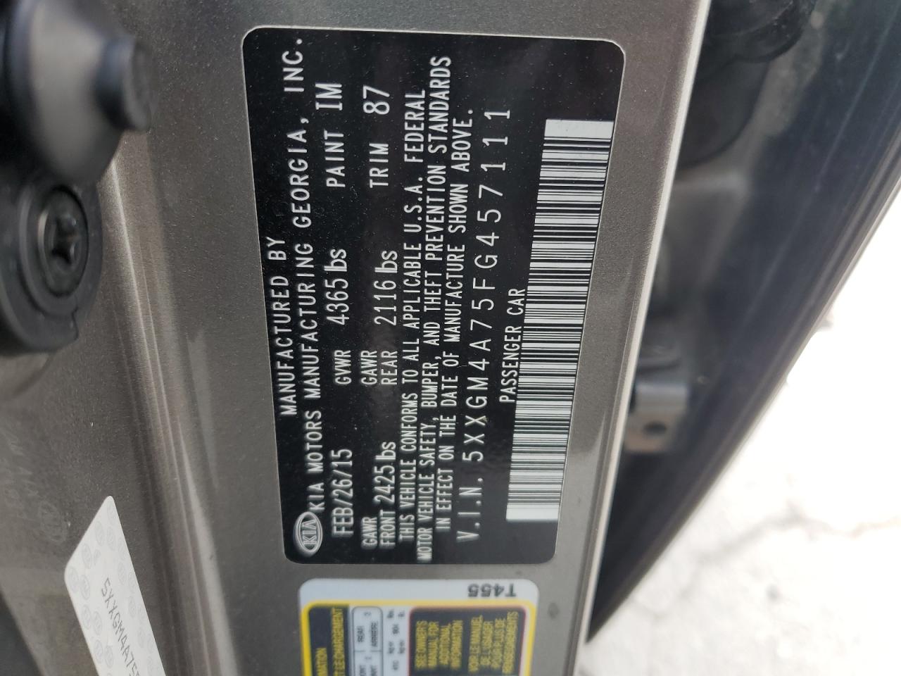 2015 Kia Optima Lx VIN: 5XXGM4A75FG457111 Lot: 63521215