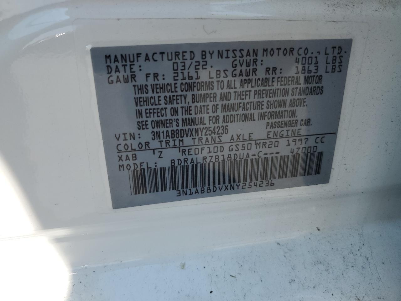 2022 Nissan Sentra Sr VIN: 3N1AB8DVXNY254236 Lot: 64640095