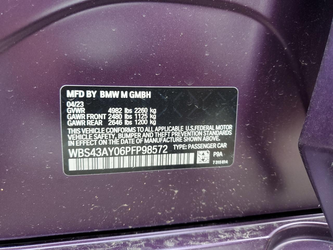 2023 BMW M3 Competition VIN: WBS43AY06PFP98572 Lot: 62995195