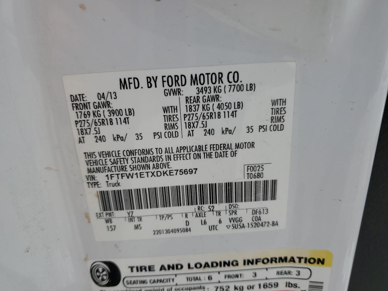 2013 Ford F150 Supercrew VIN: 1FTFW1ETXDKE75697 Lot: 64632555