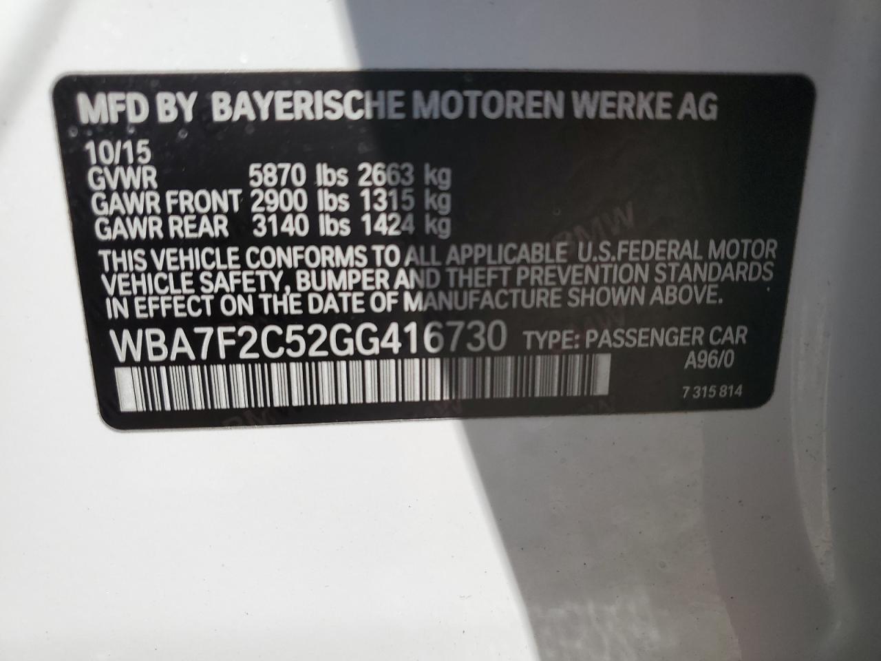 2016 BMW 750 Xi VIN: WBA7F2C52GG416730 Lot: 65276065