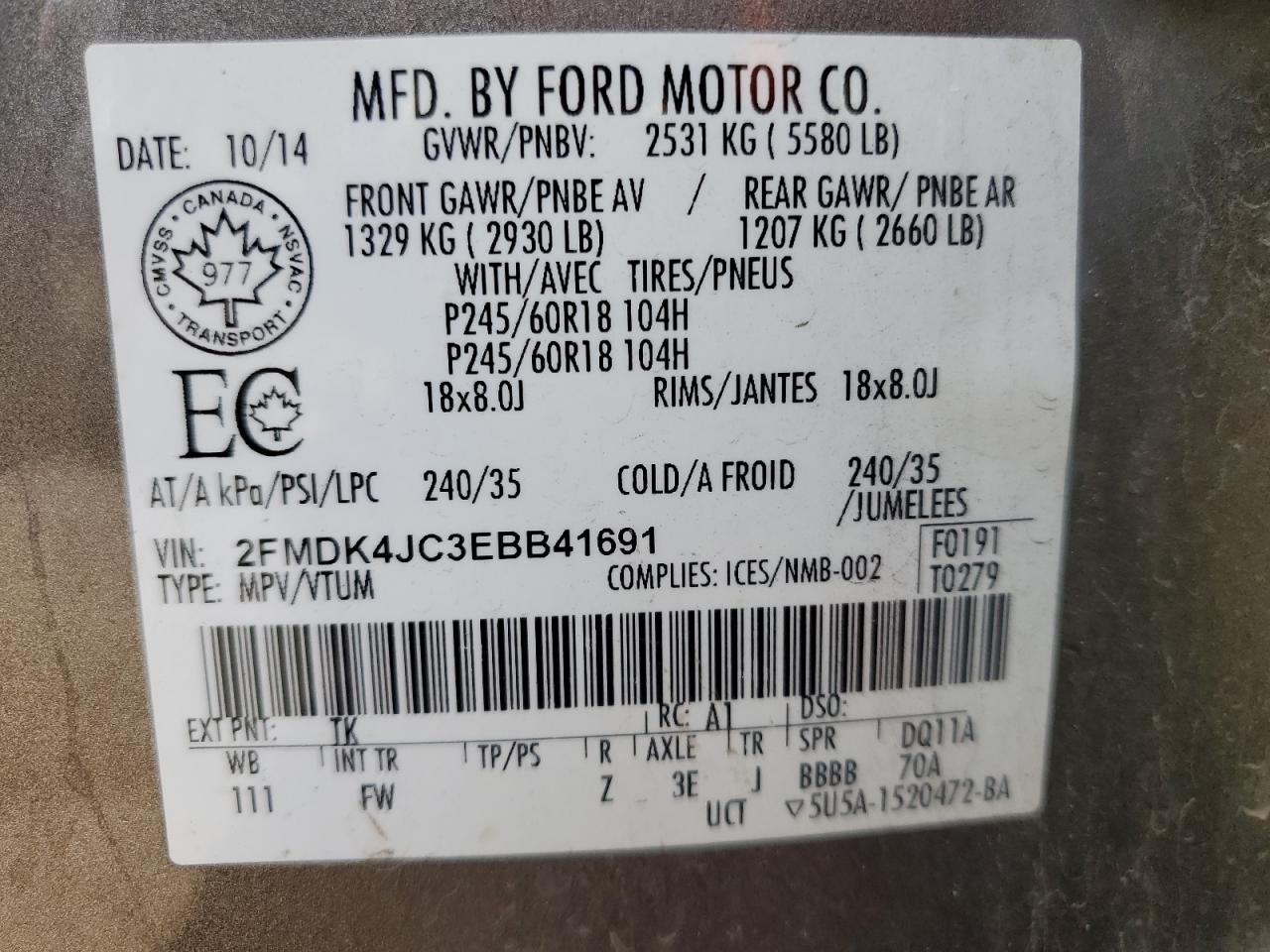 2014 Ford Edge Sel VIN: 2FMDK4JC3EBB41691 Lot: 64223655