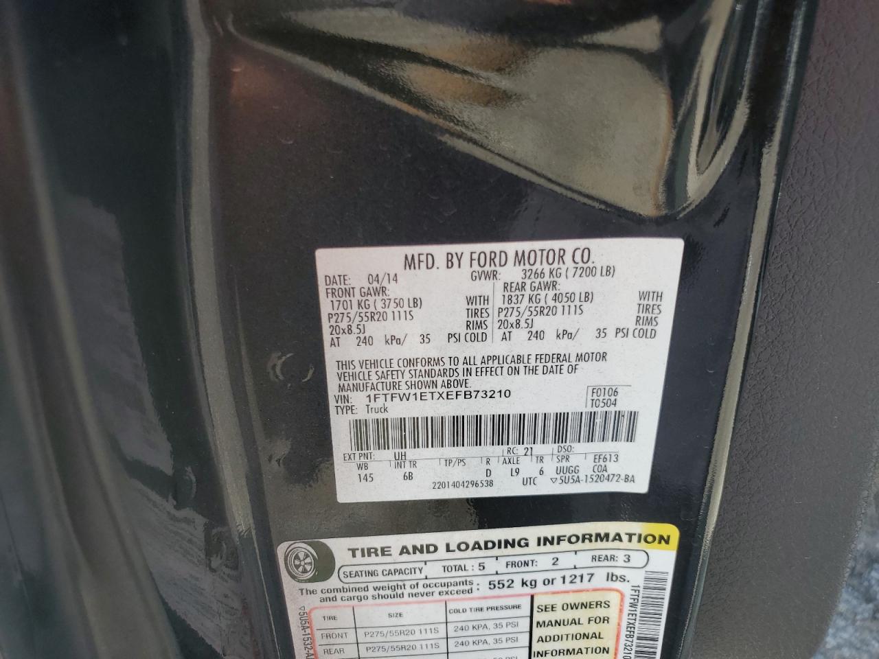 2014 Ford F150 Supercrew VIN: 1FTFW1ETXEFB73210 Lot: 63864505