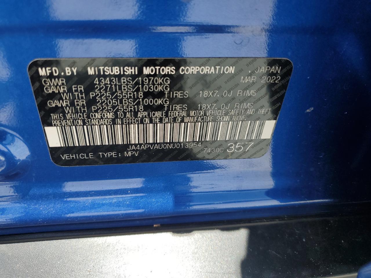 2022 Mitsubishi Outlander Sport Se VIN: JA4APVAU0NU013954 Lot: 63923065