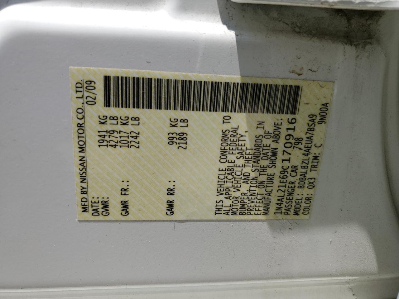 2009 Nissan Altima 2.5 VIN: 1N4AL21E69C170916 Lot: 62539355