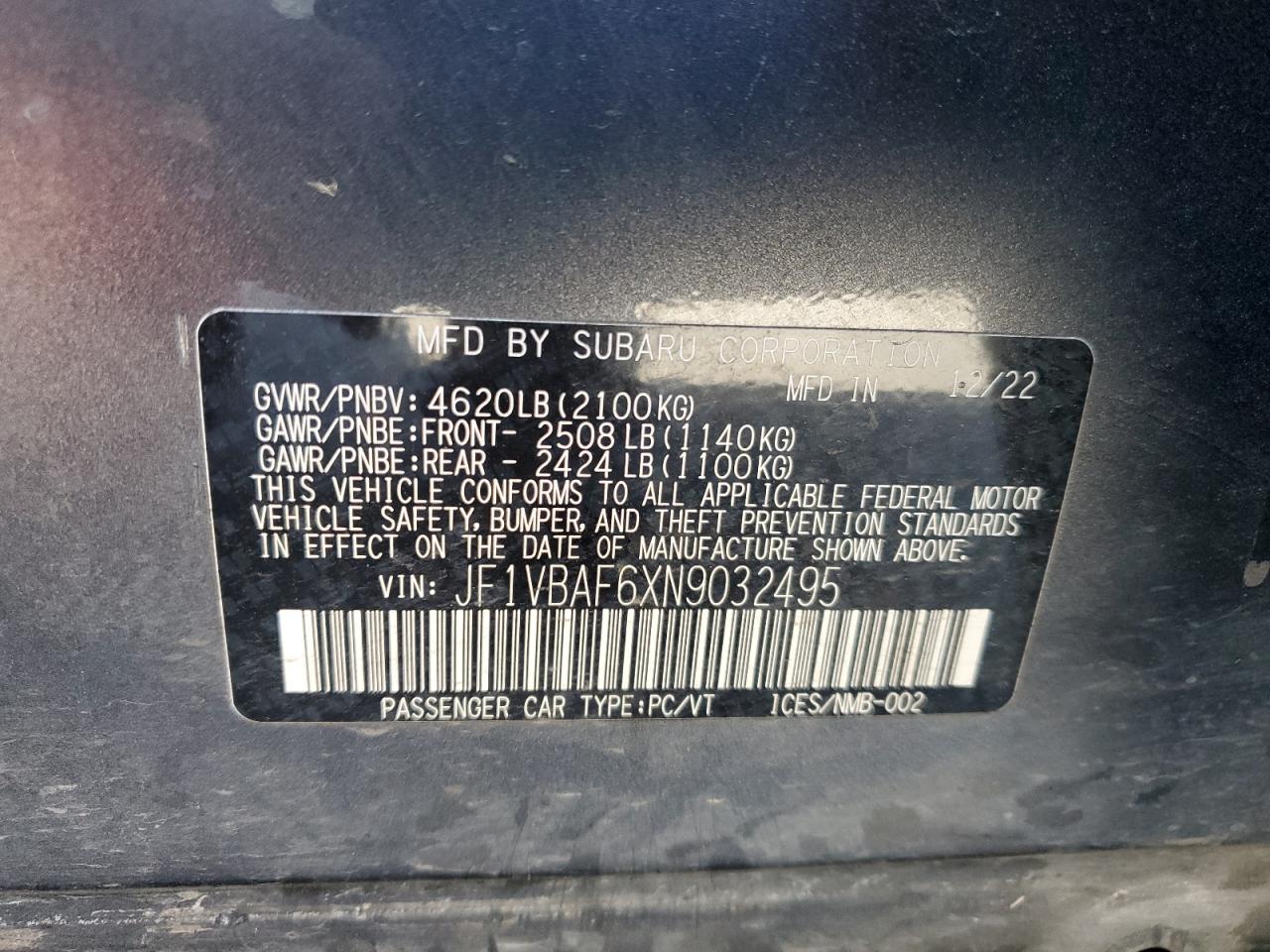 2022 Subaru Wrx Premium VIN: JF1VBAF6XN9032495 Lot: 64207715