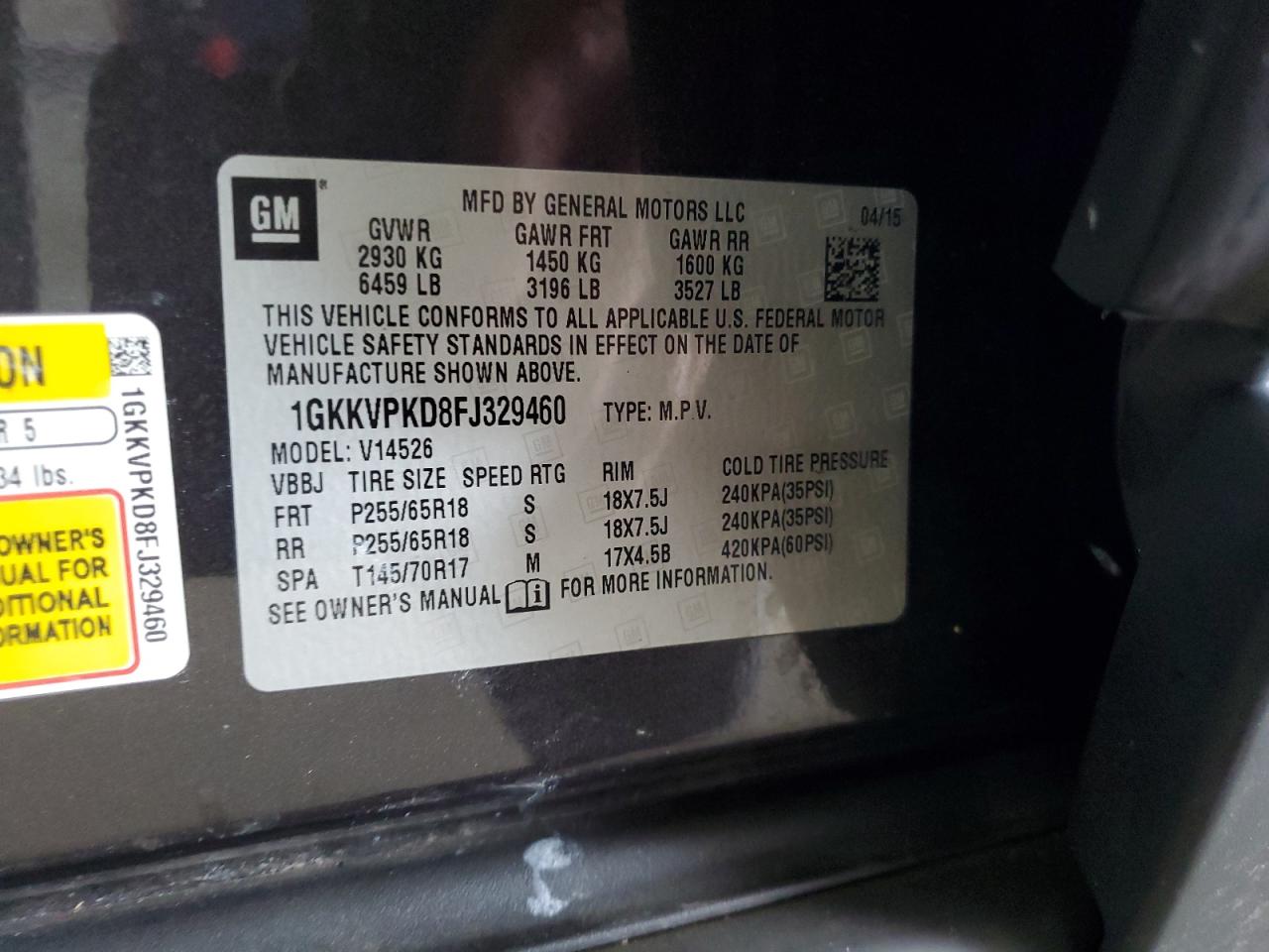 1gkkvpkd8fj329460 1GKKVPKD8FJ329460 2015 GMC Acadia Sle