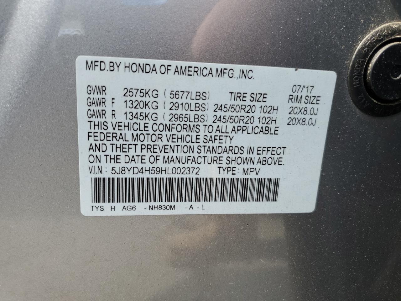 2017 Acura Mdx Technology VIN: 5J8YD4H59HL002372 Lot: 62682005