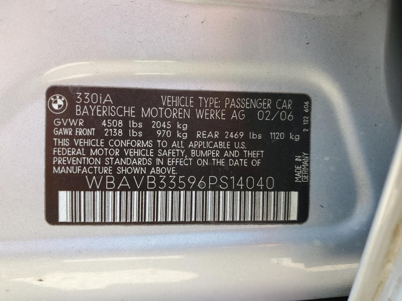 2006 BMW 330 I VIN: WBAVB33596PS14040 Lot: 65032625