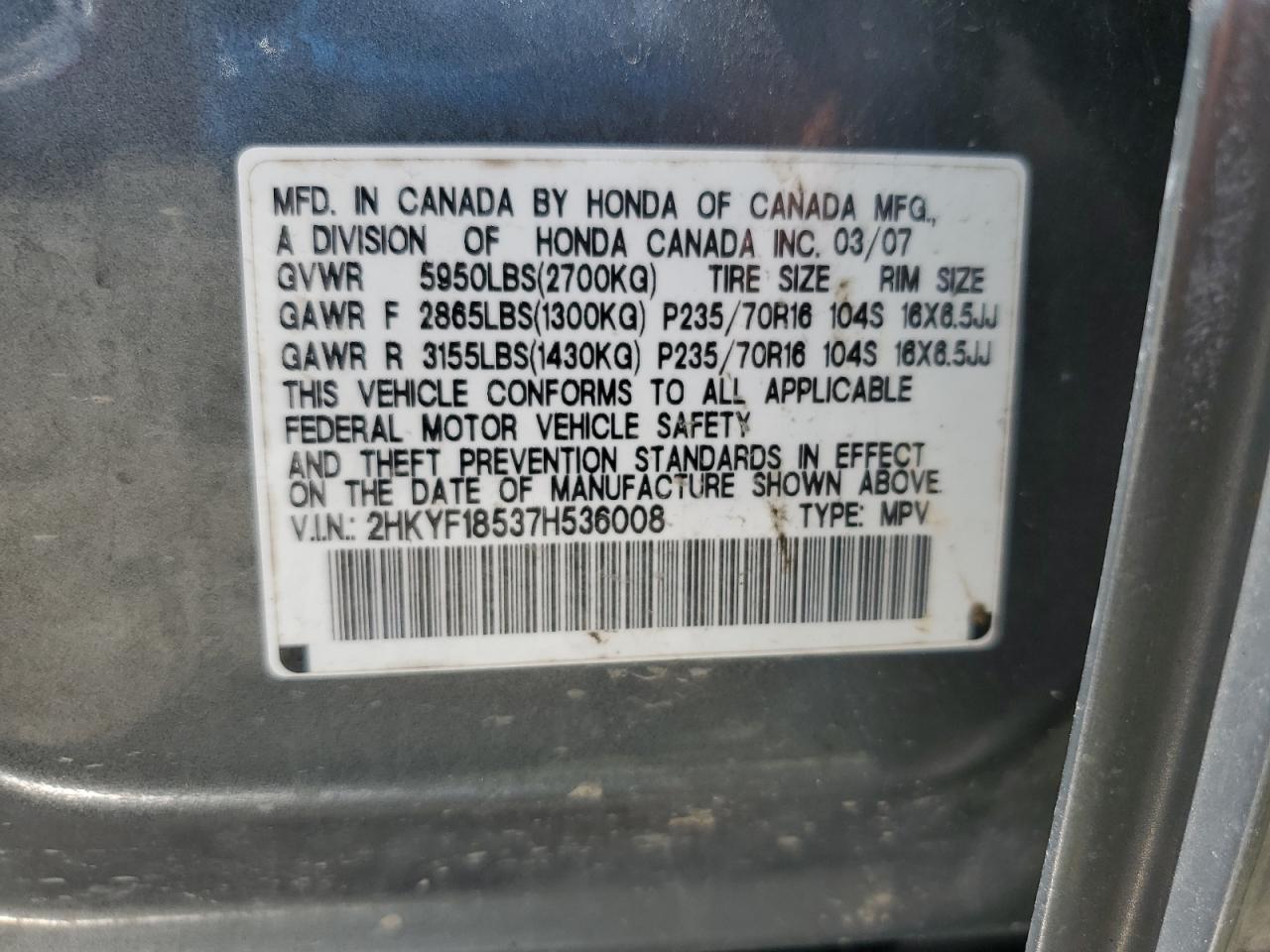 2007 Honda Pilot Exl VIN: 2HKYF18537H536008 Lot: 65339965